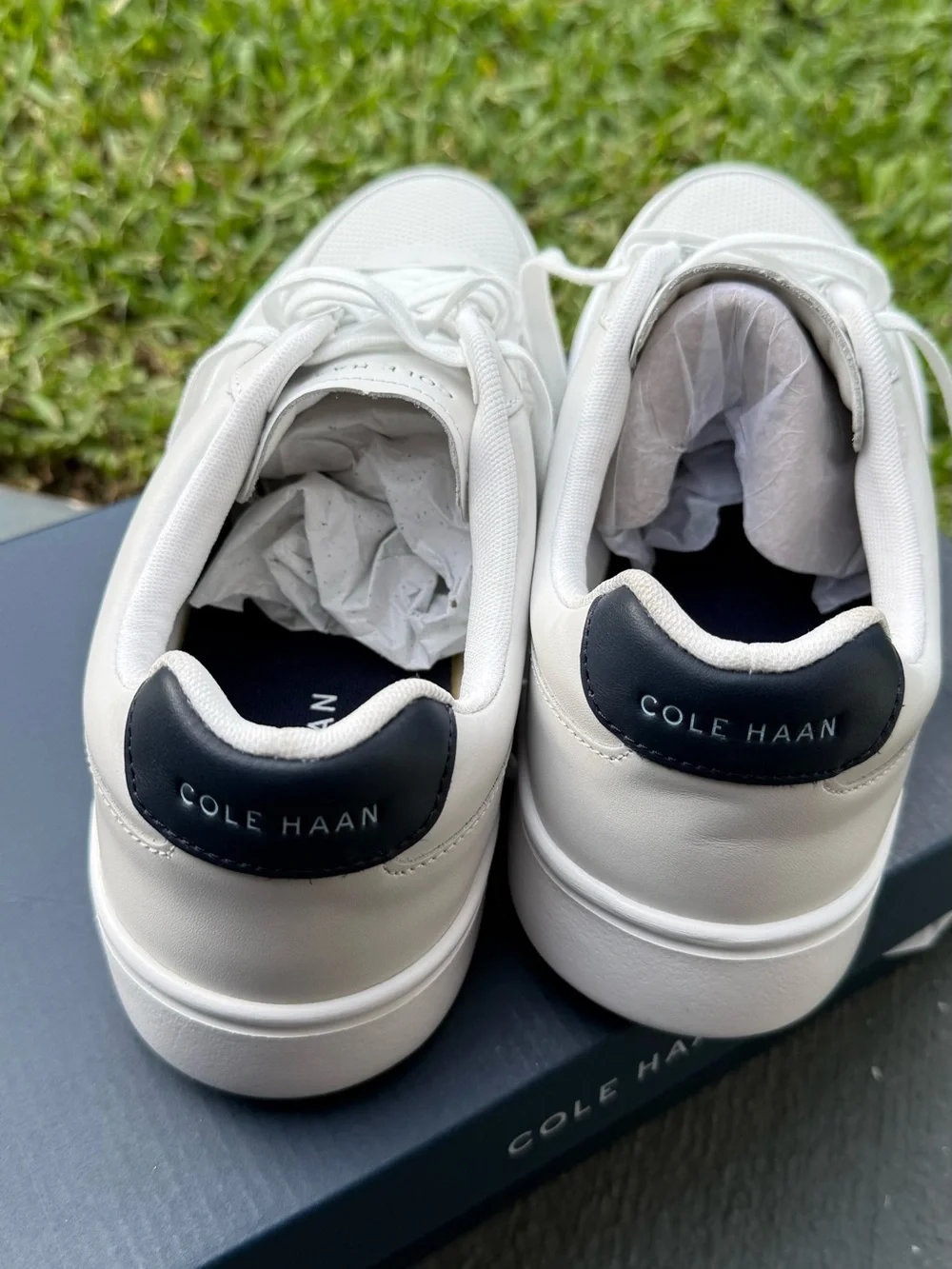 Cole Haan White Leather Perforated Men’s Sneakers with Navy Accents